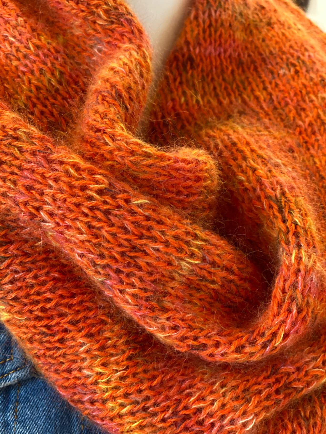 Close-up of the finished mohair-and-fingering fabric