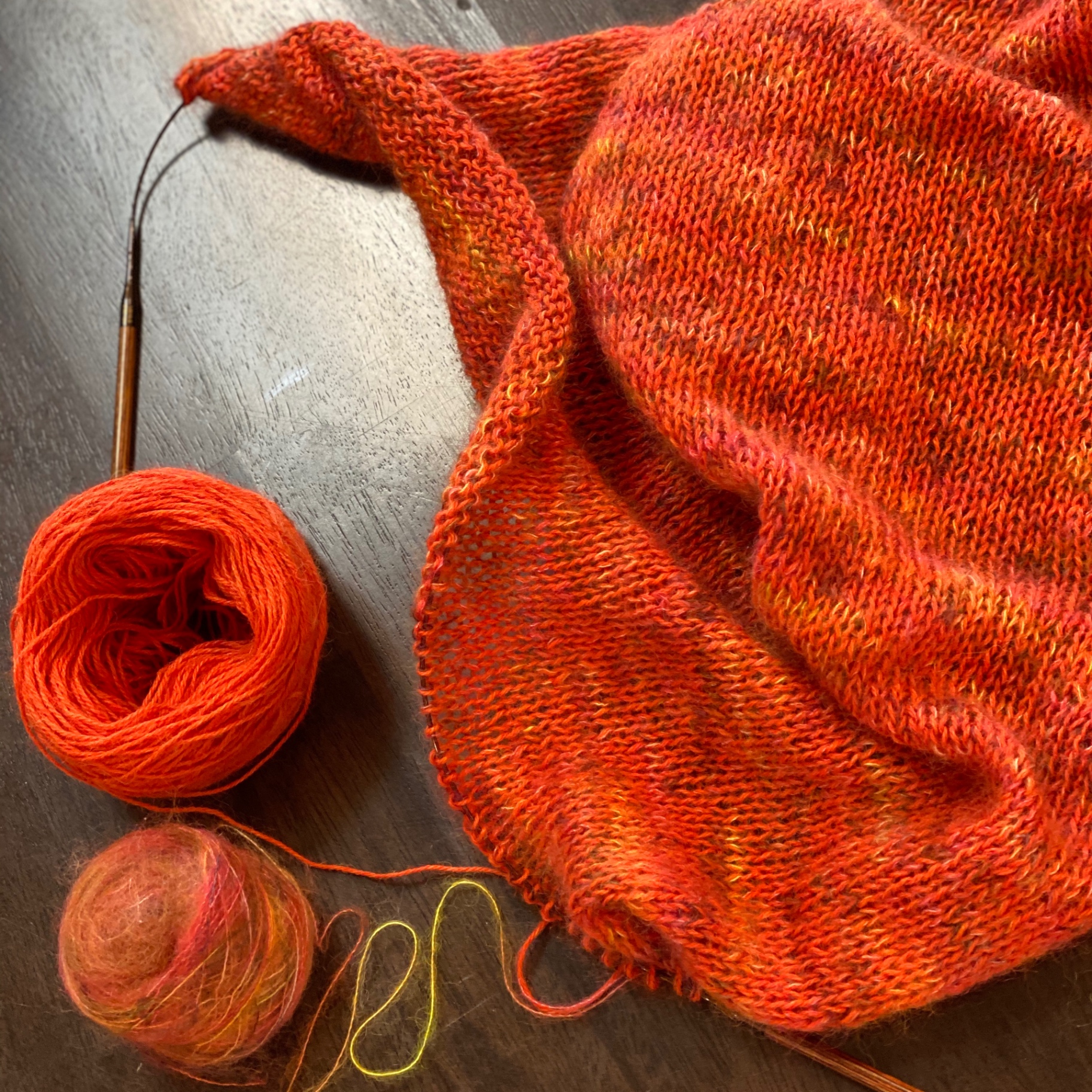 The cowl in progress on the needles